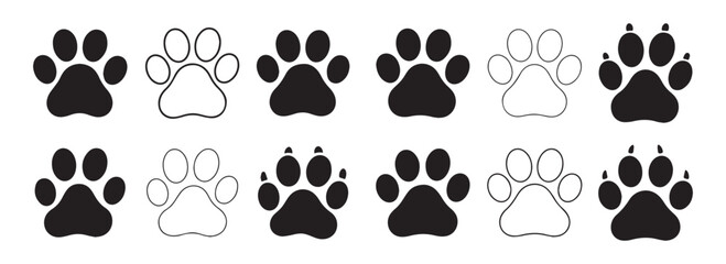Fototapeta premium Collection of Cat Paw Prints in Solid and Outline Styles for Pet Lovers and Craft Projects