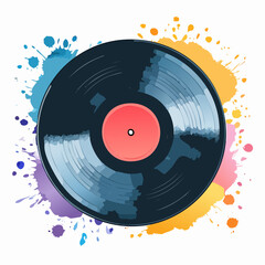 A shiny black vinyl LP record with a red center label, featuring detailed grooves and light reflections.