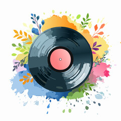 Creative illustration of a black vinyl record with a pink label, surrounded by colorful watercolor splashes and botanical elements.