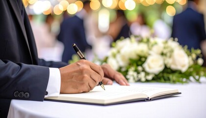 A close-up shot of a formal signing, a person wearing a suit carefully pens their signature with a fountain pen onto a pristine white page. The scene evokes a sense of importance and solemnity.