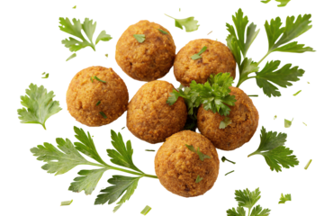 Delicious crispy falafel balls with fresh parsley garnish on white background for healthy cuisine