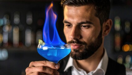 A well-groomed bartender is meticulously crafting a mesmerizing, fire-licked cocktail, showcasing both skill and elegance in a dark and mysterious bar setting.
