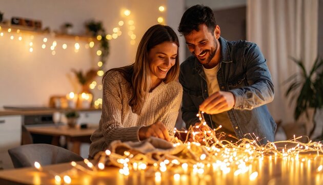 A couple lights up a room. They are putting together some Christmas lights or some celebration decoration. The couple is full of happiness and warmth.