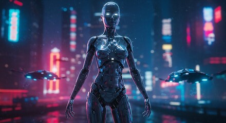 Futuristic Female Robot in Cyberpunk City with Flying Vehicles, Rain, and Neon Lights