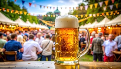 A giant, frosty beer mug in the forefront, overflowing with a rich, golden brew and frothy head. The background is a vibrant street festival scene, teeming with happy people.