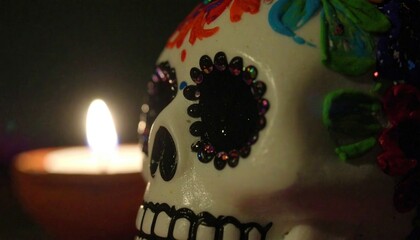 An ornate sugar skull with intricate floral designs is illuminated by a single flickering candle in a low-key scene. the skull embodies the beauty and spirit of remembrance and celebration.