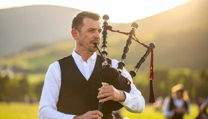 A Scottish bagpiper plays a haunting melody on a traditional instrument. Captured with rich details and the warmth of the golden hour.