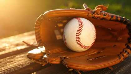 A close-up image captures a baseball nestled snugly in a leather mitt, the warm sunlight illuminating the stitching of the ball and the worn texture of the glove.