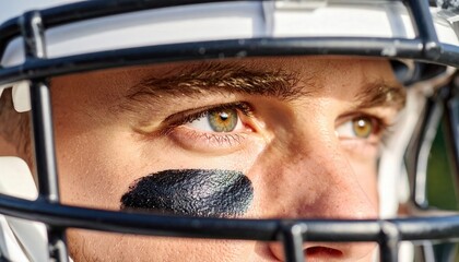 An American football player's focused gaze and intense concentration shines through his eyes. His visage exudes determination and dedication, framed by his protective gear.