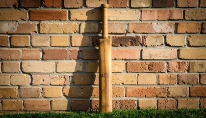 A weathered cricket bat stands against a classic brick wall, ready for action, in a photorealistic and high-quality studio shot.