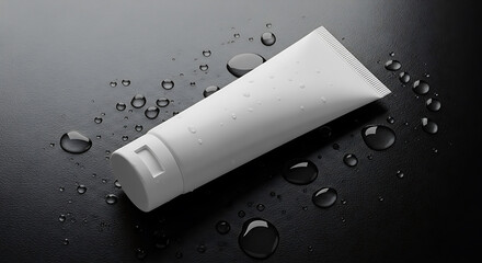 A white cosmetic tube with water droplets scattered on a dark, wet surface