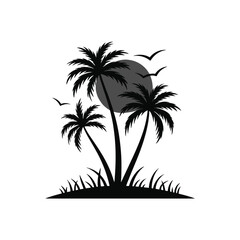 Palm Tree Silhouette with Sun and Flying Birds on Island