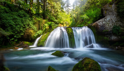 Obraz premium beautiful waterfall with a lush green forest in the background the water is flowing down the rocks and creating a beautiful scene sustainable waterfall in lush forest promoting water sustainability