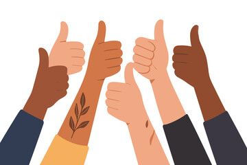 Diverse group of hands showing thumbs up in flat style, neutral tones, unity and positive feedback concept
