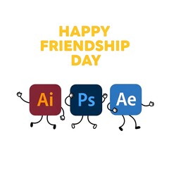 Adobe creative suite icons celebrate friendship day with a joyful and whimsical dance on a white background