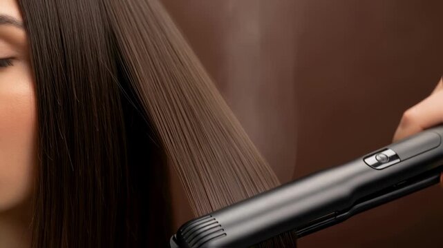 Closeup of a hair straightener gliding through long brown hair with steam, representing a styling routine, a professional salon treatment or a concept of haircare and beauty