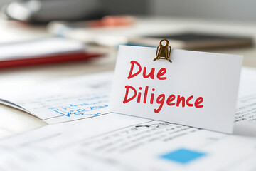 Due diligence note on a desk. Critical for business decisions, it highlights thorough investigation and careful assessment for risk management and informed choices.