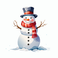 Cheerful watercolor snowman wearing a black top hat and a festive red striped scarf.