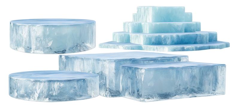 Transparent ice blocks isolated on black background for creative design and winter concept usage
