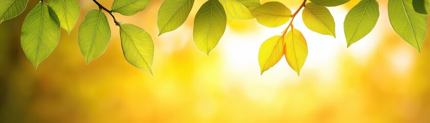 Obraz premium Bright Green Leaves with a Soft Yellow Background Glow