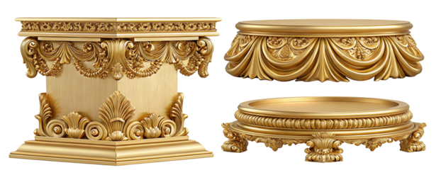 Luxury golden pedestals with baroque ornate carving detail for elegant decorative interior design