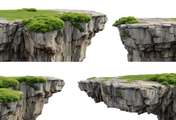Floating rock platforms with lush grass and shrubs isolated on black background landscape scene