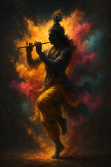 Krishna dancing in divine motion with colorful energy and flute surrounded by fire smoke for sri krishna janmashtami spiritual celebration of joy power and devotion