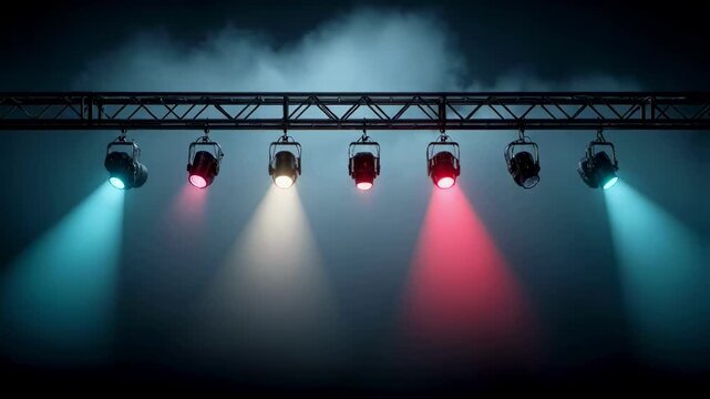 Row of red and blue stage spotlights on a metal truss shining through smoke in a dark theater, creating a dramatic atmosphere for a concert, show or performance background