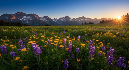 Wildflower field in full bloom with snow-capped mountains in background 
