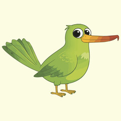 Illustration of a cartoonish green bird with a long beak standing on a light yellow background color