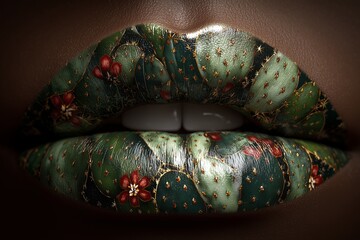 Lips painted with a detailed and artistic design resembling a Cactus, cacti theme. The image showcases a creative and festive makeup style.