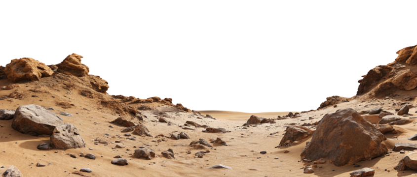 Barren rocky desert landscape with scattered stones and dry terrain under clear blue sky, erosion patterns