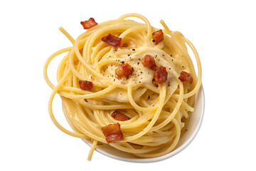 Delicious spaghetti carbonara with creamy sauce and crispy pancetta in white bowl ready to serve