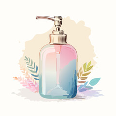 Elegant watercolor sketch of a glass pump dispenser with a pink and blue gradient and a metallic nozzle.