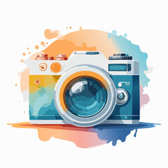 Stylized retro camera illustration with vibrant blue and orange watercolor splashes.