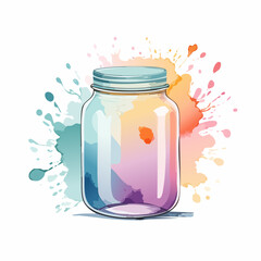 Artistic watercolor glass mason jar with a blue lid and vibrant, colorful paint splashes.