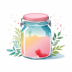 Watercolor illustration of a glass bail-top jar with a pink lid, filled with colorful pastel contents and surrounded by green leaves.