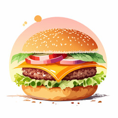 Stylized watercolor illustration of a classic cheeseburger with a sesame seed bun, beef patty, melted cheese, lettuce, and red onion rings.