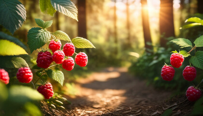 ripe raspberries growing in a sunlit forest path generative ai