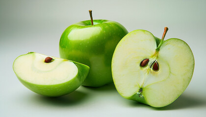 apples on a light background a green apple half or slice of a green apple with the outline of a tenderloin