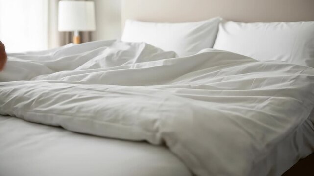 Fluffing white bedding on sunny morning for cozy elegant bedroom ambiance