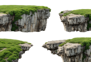 Natural stone cliffs with lush green grass on top under clear blue sky isolated on black background