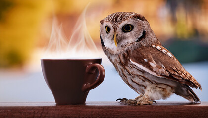 owl enjoying a cup of coffee