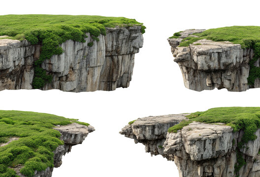 Natural stone cliffs with lush green grass on top under clear blue sky isolated on black background