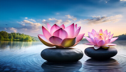 tranquil spa stones are enhanced by the presence of lotus blooms then removed
