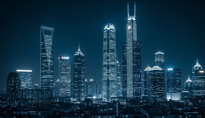 Modern Cityscape Skyline at Night: Illuminated Skyscrapers in Deep Blue Tone