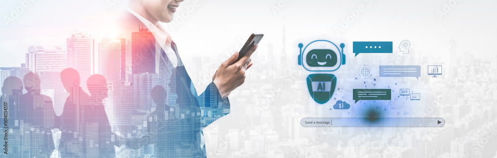 Poster ai chatbot improves virtual assistant interaction. ai chatbot processes text, supports users, ai cha