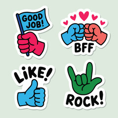 Obraz premium Cartoon stickers featuring hand gestures and positive messages like good job and rock on display