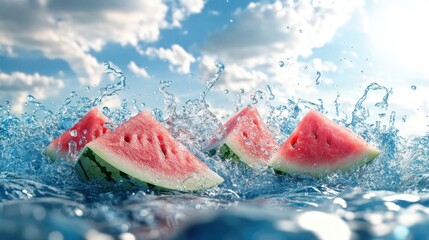 Juicy Watermelon Slices Splashing in Clear Blue Water Under Sky