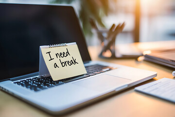Taking a break from work. Laptop with a reminder note "I need a break" on the keyboard. Time for some relaxation and reduce eye strain.